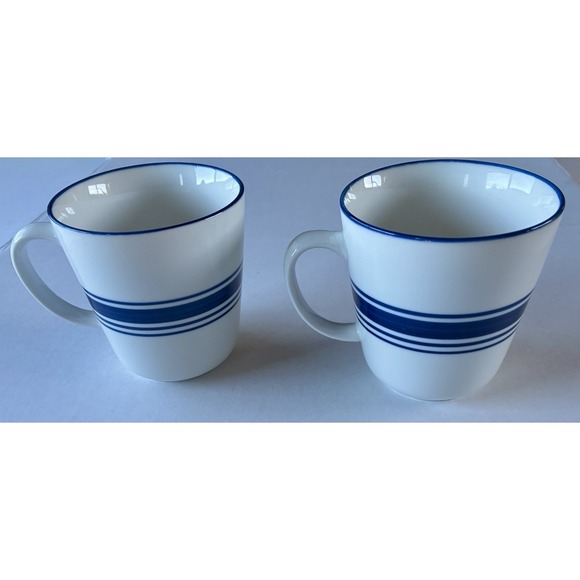 Mainstays Walmart Blue White Ringed Ceramic Coffee Mugs Lot of 2 Tea Cups - Picture 3 of 9